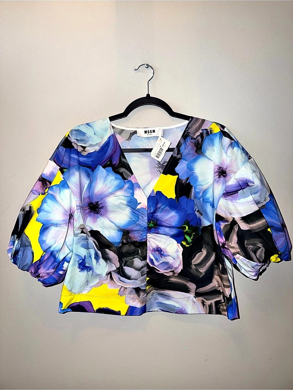 MSGM Yellow Ruffled V-Neck Blouse Floral V-Neck Cotton Blouse Size 40 NWT